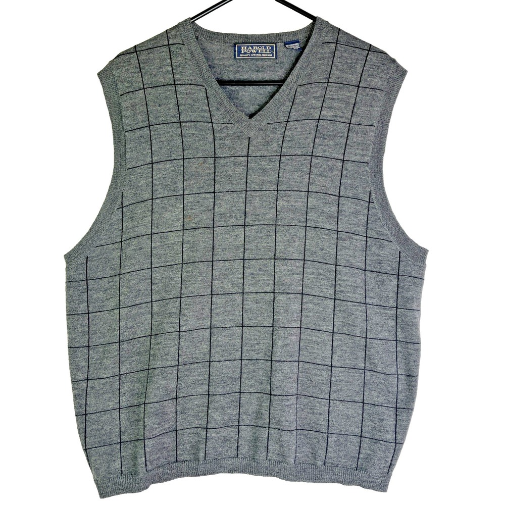 Harold Powell 100% Merino Wool Pullover Window Pane Check Grey Vest‎ Preppy L